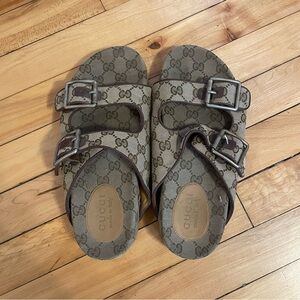 Gucci Beige and Brown Monogram Buckle Sandals